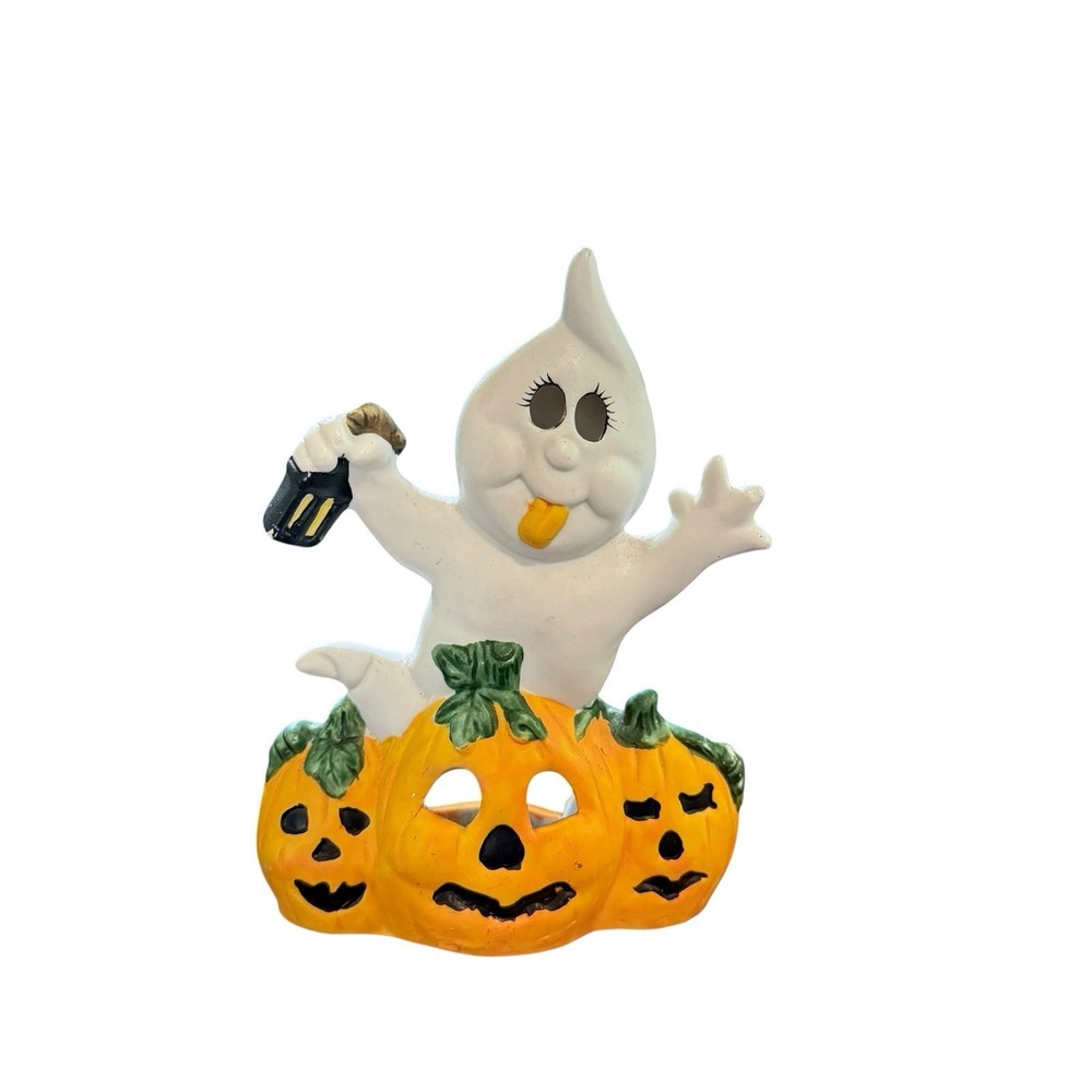 Vtg Ceramic Smiling Ghost Jack O‎ Lanterns Halloween Tea Light Fall Figurine EUC